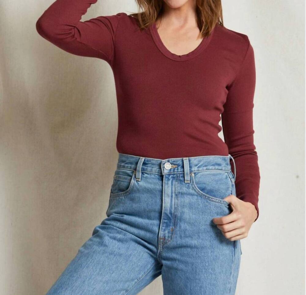 NWOT perfectwhitetee robyn long sleeve ribbed u neck top sz. L in cranberry